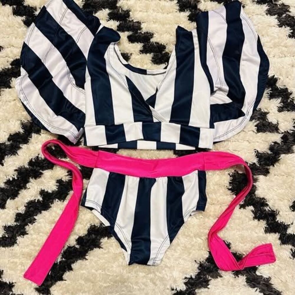 Girls 2 Piece Swimsuit Bathing Suit Navy White Striped Pink Flowy Sleeves Sz 130